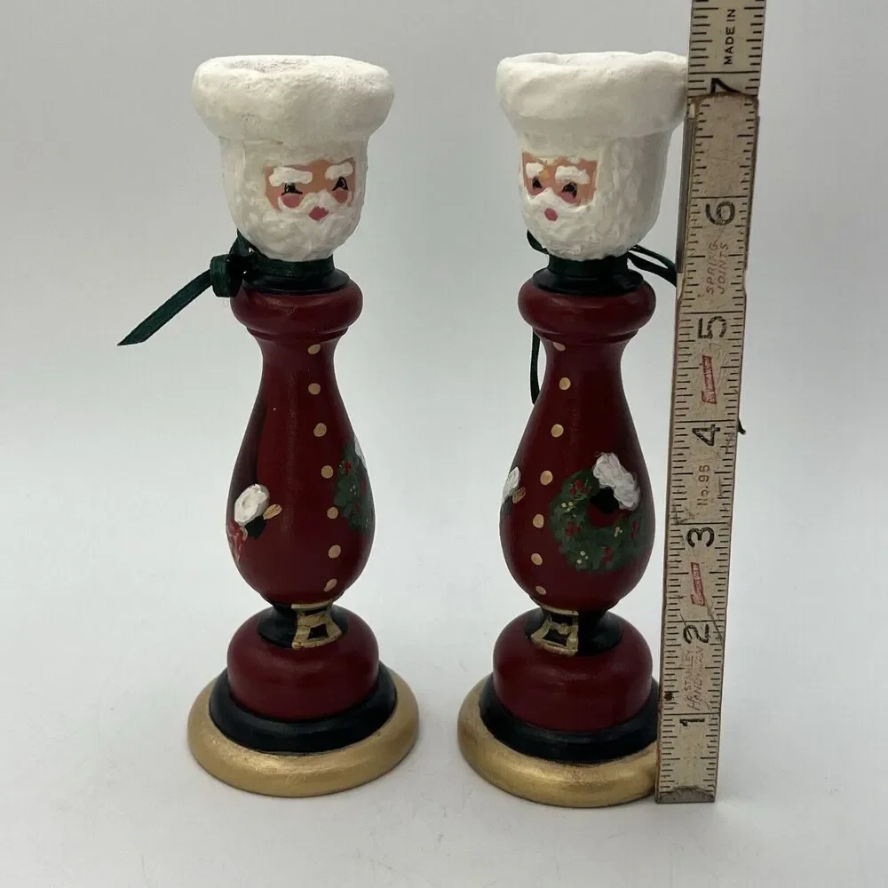 Set 2 Hand Painted Folk Art Wood Candlestick Santa Father Christmas Signed